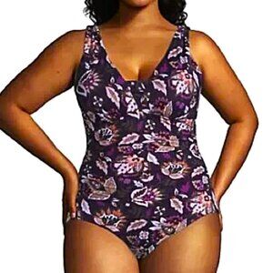 Lands' End 18 One Piece Slender Grecian Tummy Control Purple Floral